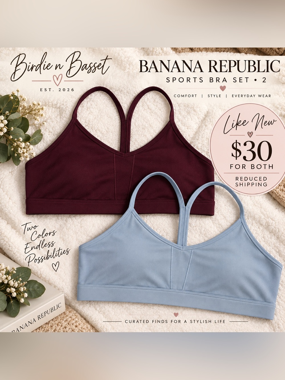 Set of 2 - Banana Republic Double-Strap Sports Bra Duo - Burgundy & Light Blue